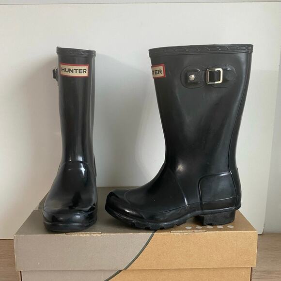 Hunter Original Kids Black Gloss Slip On Rain Boots- US 13 Boy/ 1 Girl - Picture 1 of 10